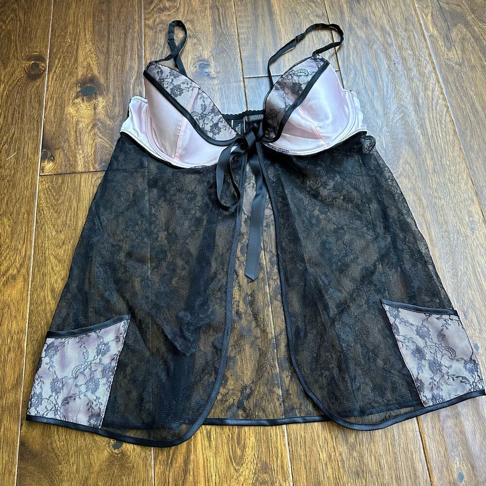 Victoria’s Secret lace satin baby doll lingerie tie front 34D black pink